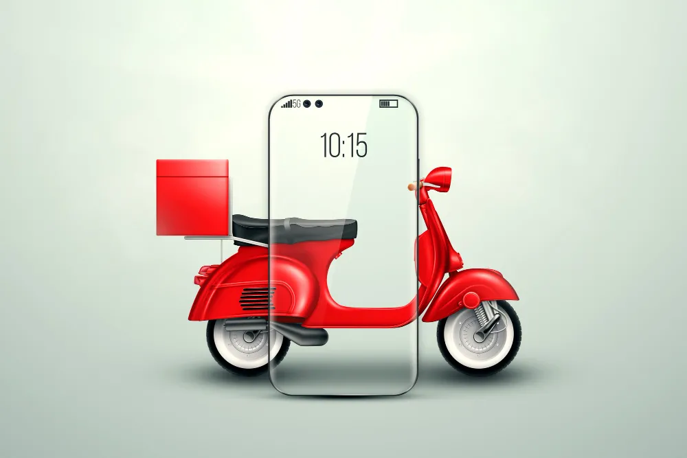 red scooter and mobile app - a food delivery concept