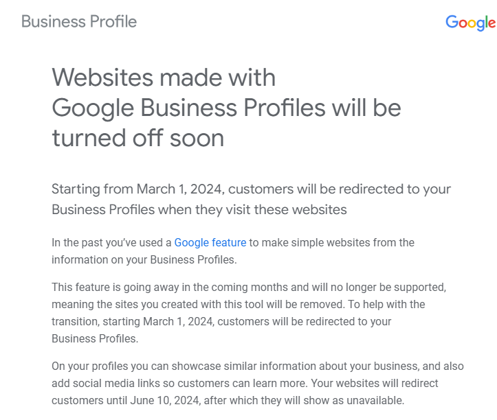 google to shut down websites made with business profiles