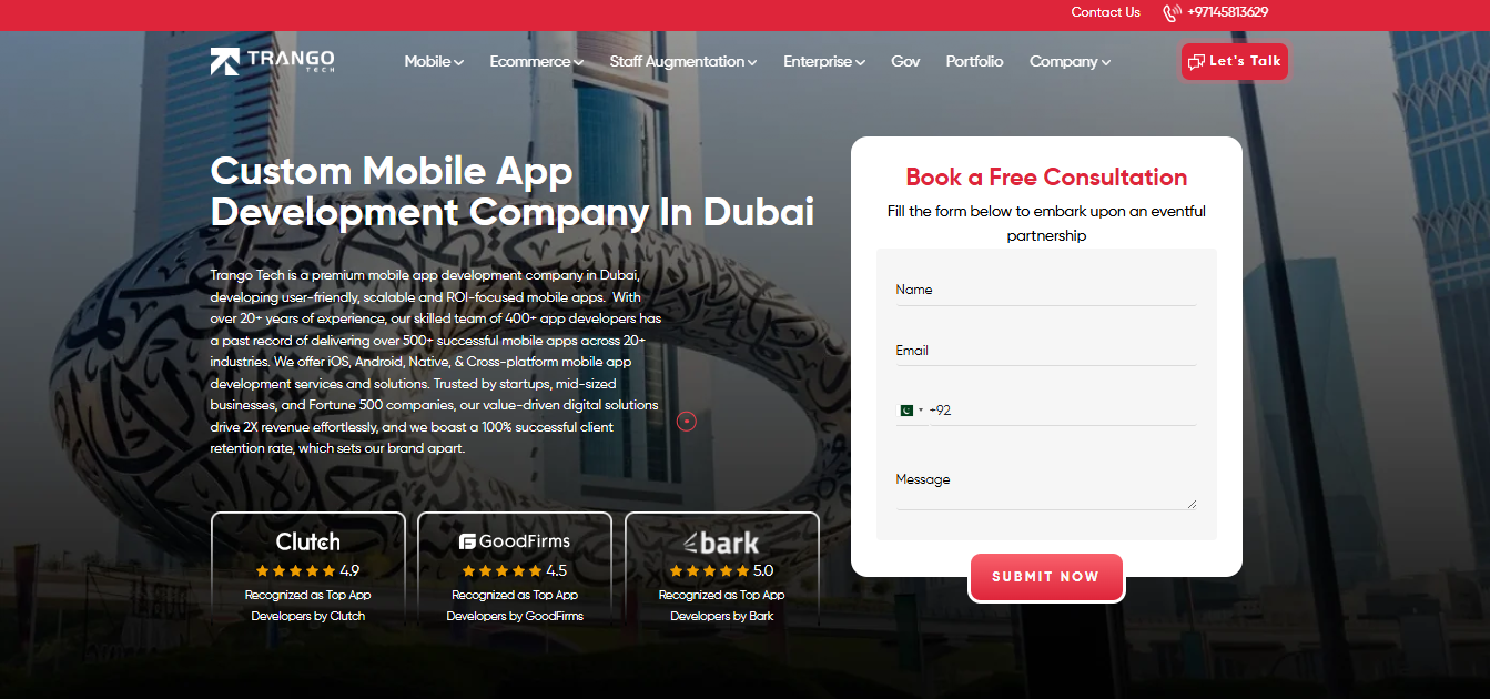 Trango Tech - mobile app development company page snapshot