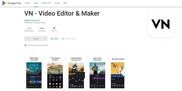 screenshot of VN Video editor on playstore