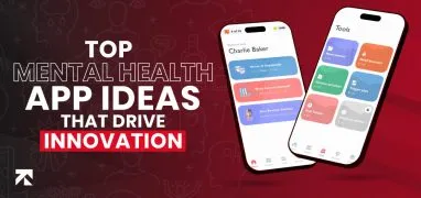 Top mental health app ideas driving innovation with a phone interface showing features like mood journal, goal tracker, and tools. (Trango Tech)