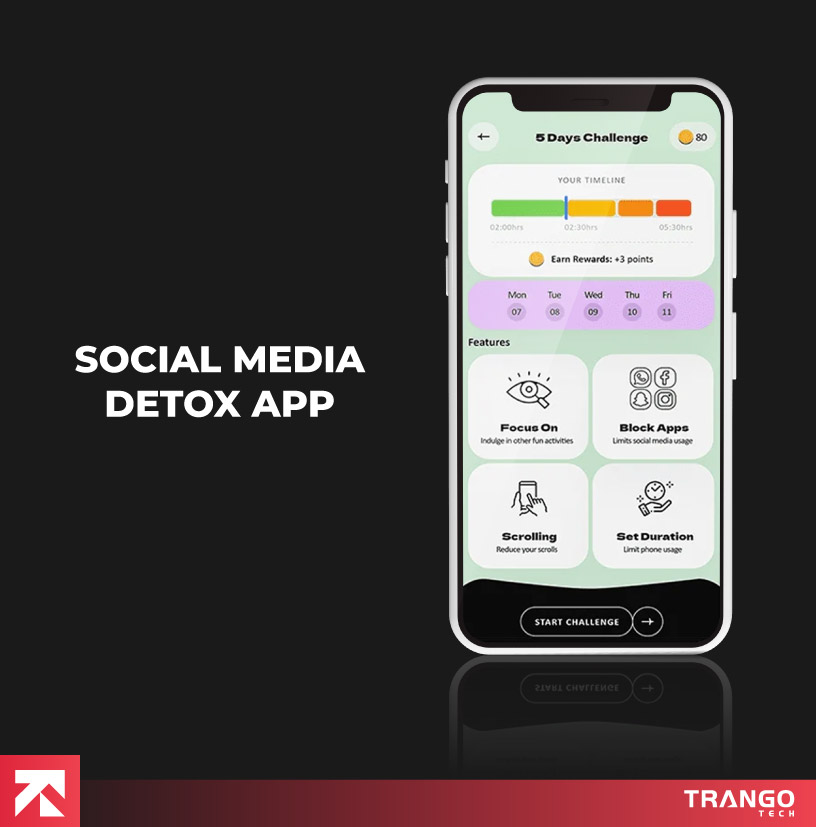 Social media detox app with 5-day challenge, timeline, and features (focus, block apps), by Trango Tech.