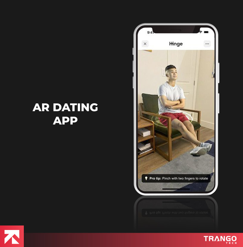 AR Dating App interface with 3D profile view by Trango Tech.