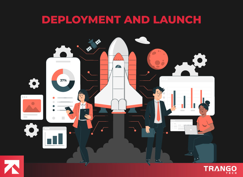 raphic titled "Deployment and Launch" by Trango Tech, featuring a rocket launch with team analyzing data, symbolizing successful app deployment and market entry strategy.