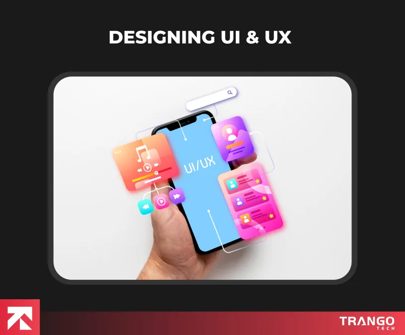 Illustration of designing UI and UX for a mobile app, featuring interactive elements, by Trango Tech.