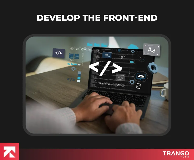 Image of a developer coding the front-end with code and cloud icons, designed by Trango Tech.