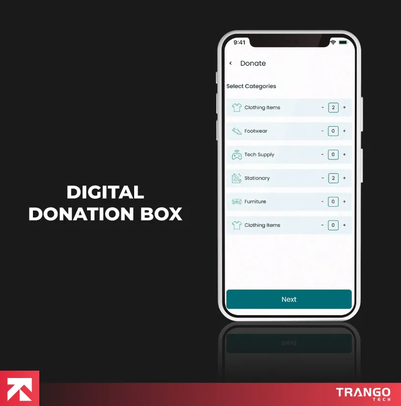App screen of Digital donation box