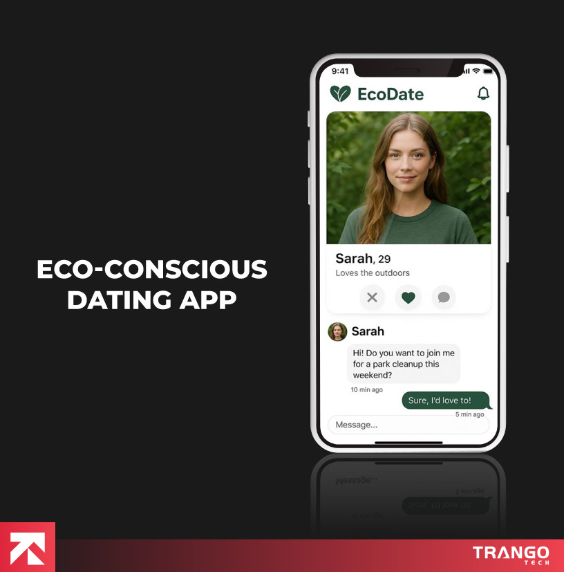Eco-Conscious Dating App profile with eco-friendly chat by Trango Tech.