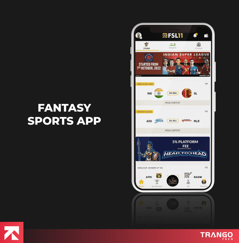 Fantasy sports app with Indian Super League contests and cricket options, developed by Trango Tech.