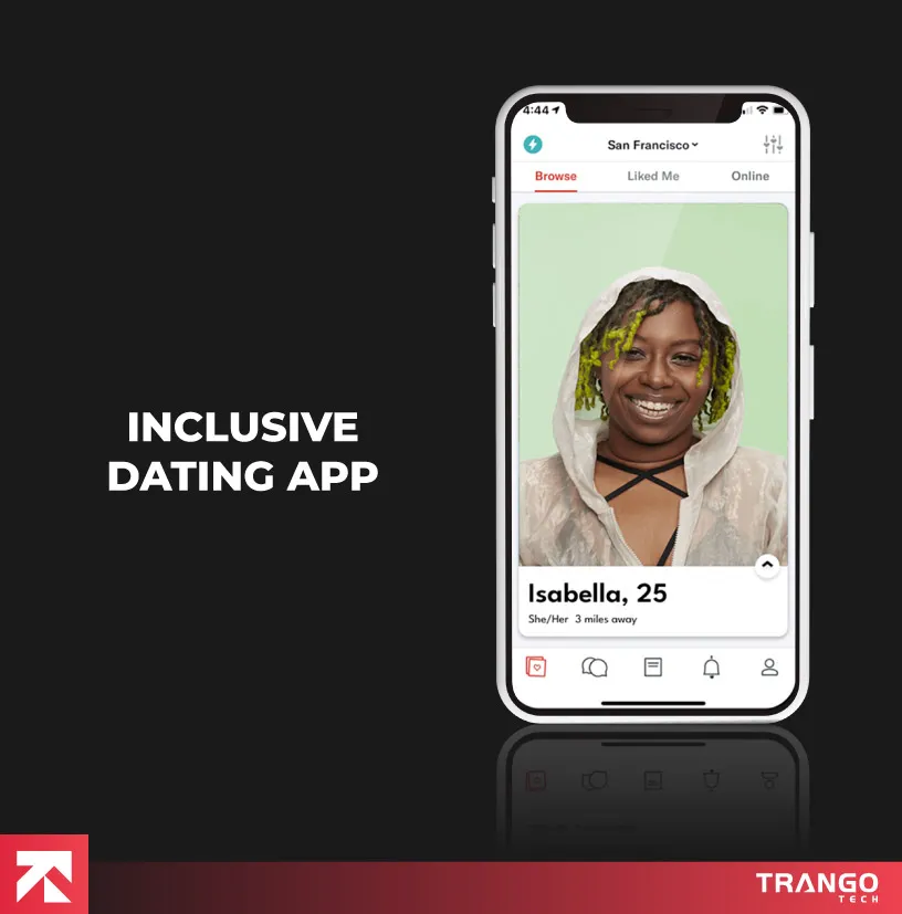 Inclusive Dating App profile with diverse options by Trango Tech.