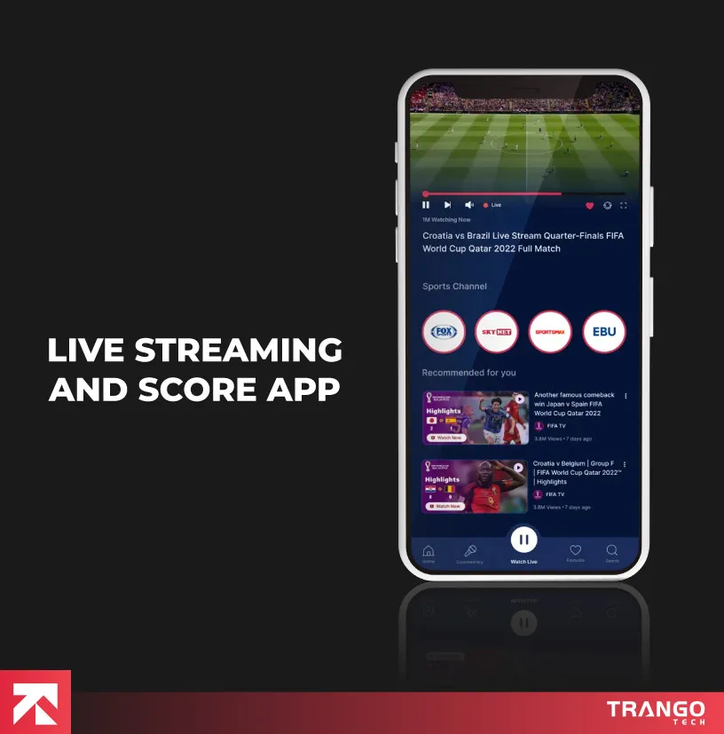 Live streaming and score app showcasing Croatia vs Brazil match highlights, powered by Trango Tech.