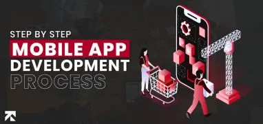 Visual titled "Step by Step Mobile App Development Process" by Trango Tech, featuring a person with a cart and another with a crane building a smartphone app, symbolizing structured app creation stages.