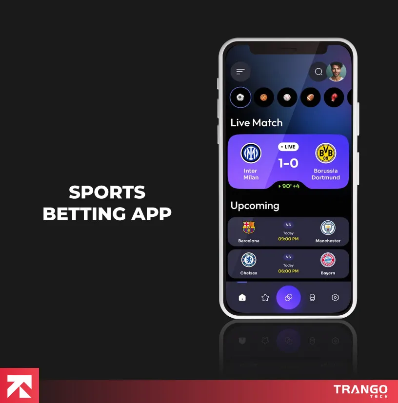 Sports betting app interface showing live Inter Milan vs Borussia Dortmund match, upcoming games, and various sports icons, designed by Trango Tech.