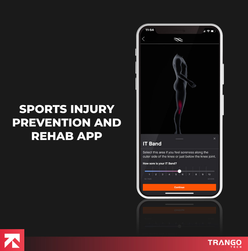 Sports injury prevention and rehab app with IT Band assessment, designed by Trango Tech for athlete recovery.