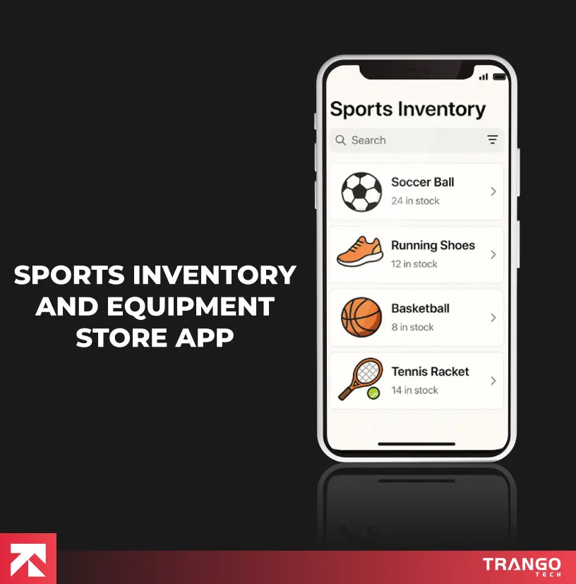 Sports inventory and equipment store app listing soccer balls and tennis rackets, by Trango Tech.