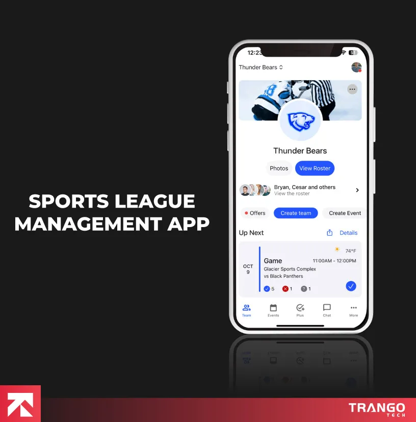 Sports league management app displaying Thunder Bears game schedule, built by Trango Tech for team coordination.