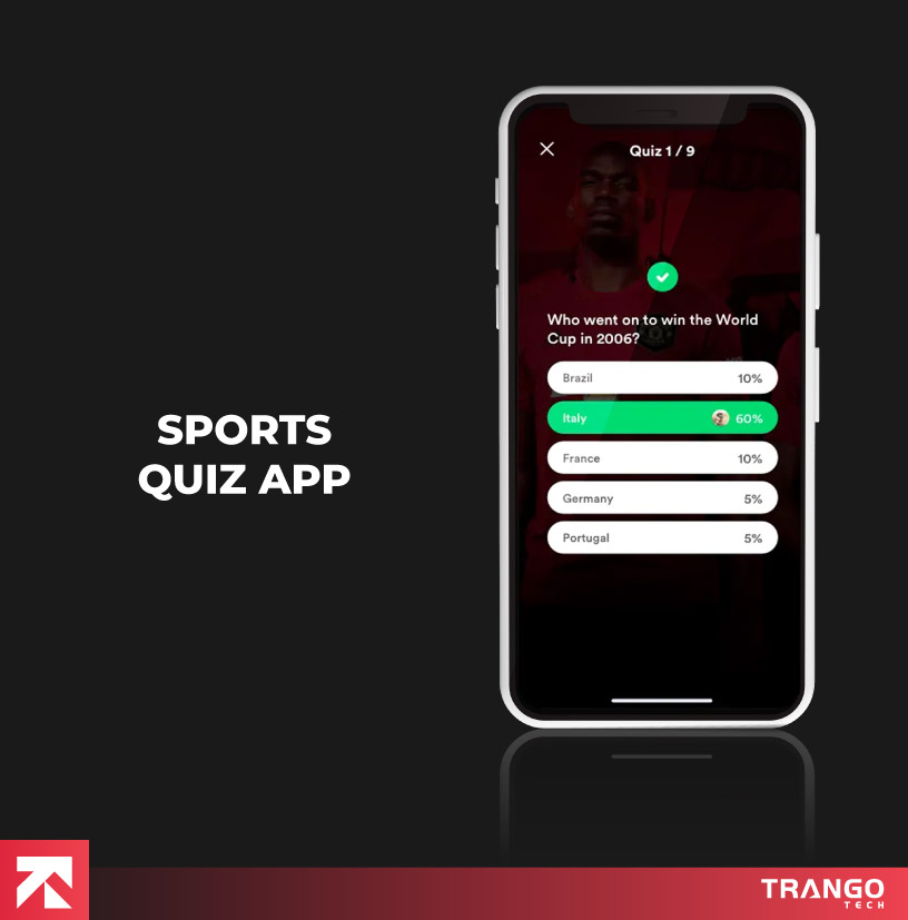 Sports quiz app with a question on the 2006 World Cup winner, created by Trango Tech for engaging trivia challenges.