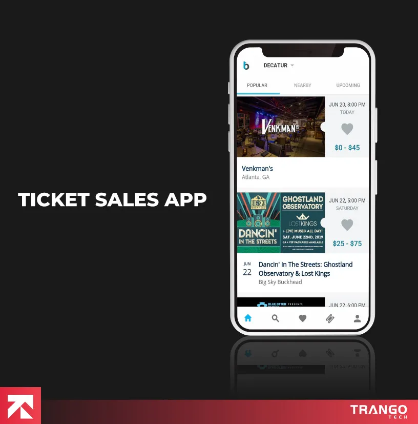 Ticket sales app displaying popular events like Venkman’s and Dancin’ In The Streets, developed by Trango Tech for easy bookings.
