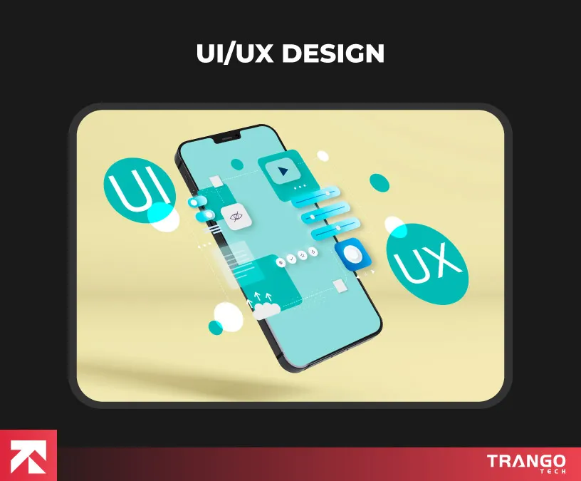 Illustration titled "UI/UX Design" by Trango Tech, displaying a smartphone with a modern interface, highlighting UI (user interface) and UX (user experience) design elements for enhanced app usability.
