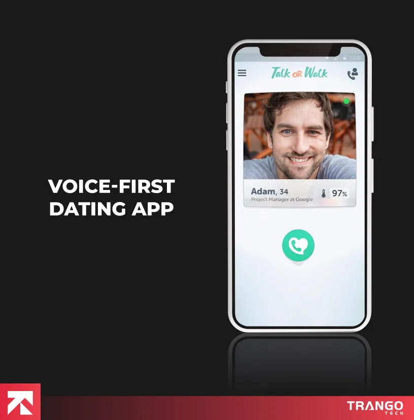 Voice-First Dating App interface with voice call option by Trango Tech.