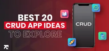 Promotional image showcasing best 20 CRUD app ideas with smartphone and icons like create, update, delete by Tango Tech.