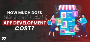 Visual titled "How Much Does Marketplace App Development Cost?" by Trango Tech, featuring people shopping with a smartphone displaying a marketplace, highlighting cost factors for app development.
