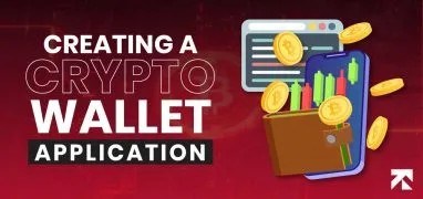 Creating a crypto wallet application guide with icons of wallet, coins, and code, presented by Trango Tech.
