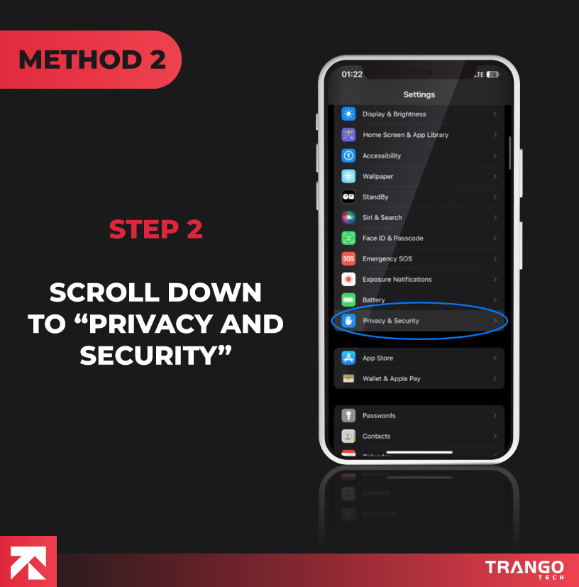 iPhone screen showing privacy and security option in setting section