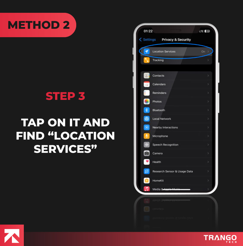 iPhone screen showing location service option in privacy and security section