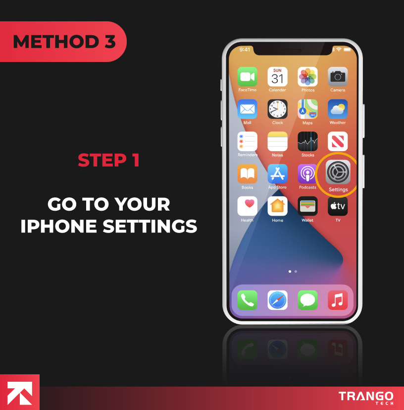 method 3: iPhone screen tutorial giving instruction to click on setting icon on homescreen