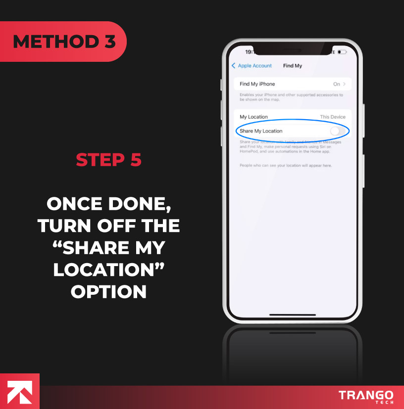 iPhone screen tutorial giving instruction to turn of Share my location tab