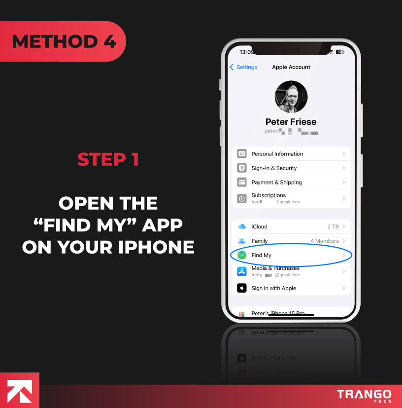 method 4: iPhone screen tutorial giving instruction to tap on "Find My" option
