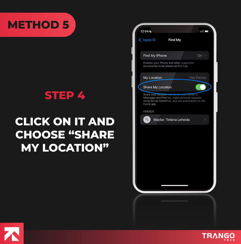 iPhone screen tutorial giving instruction to choose share my location option