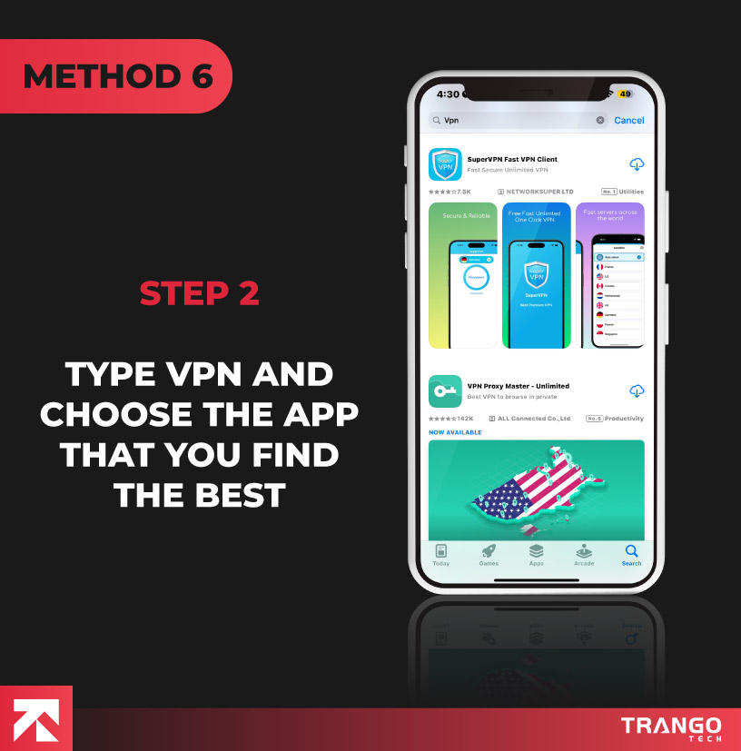 iPhone screen tutorial type VPN on app store